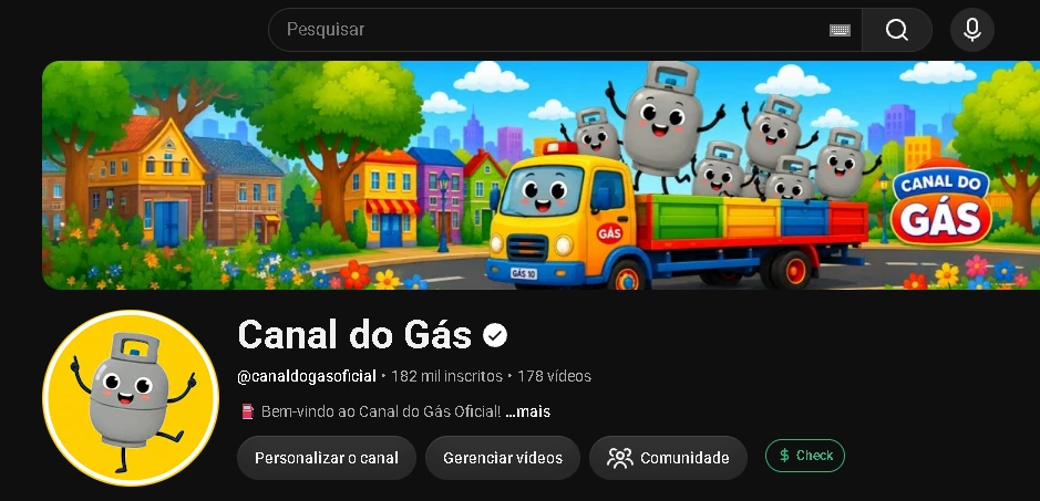Página oficial do Canal do Gás no YouTube, com arte do caminhão do gás e identidade do canal