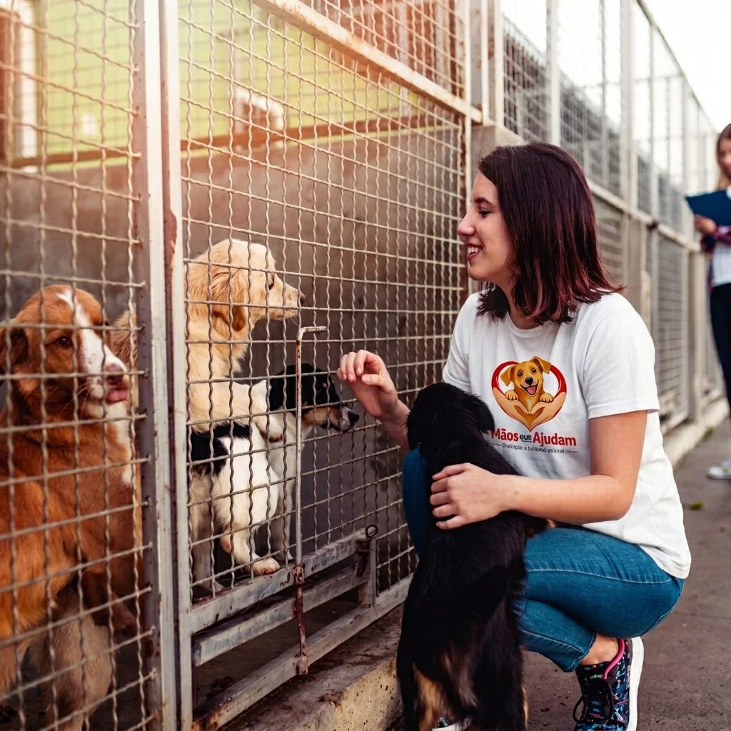 Integrante da equipe interagindo com cães em canis