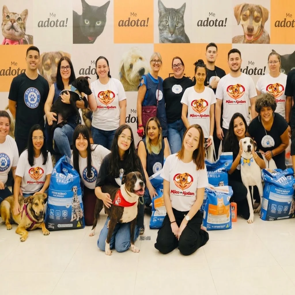 Foto coletiva de pessoas com animais e doações de ração