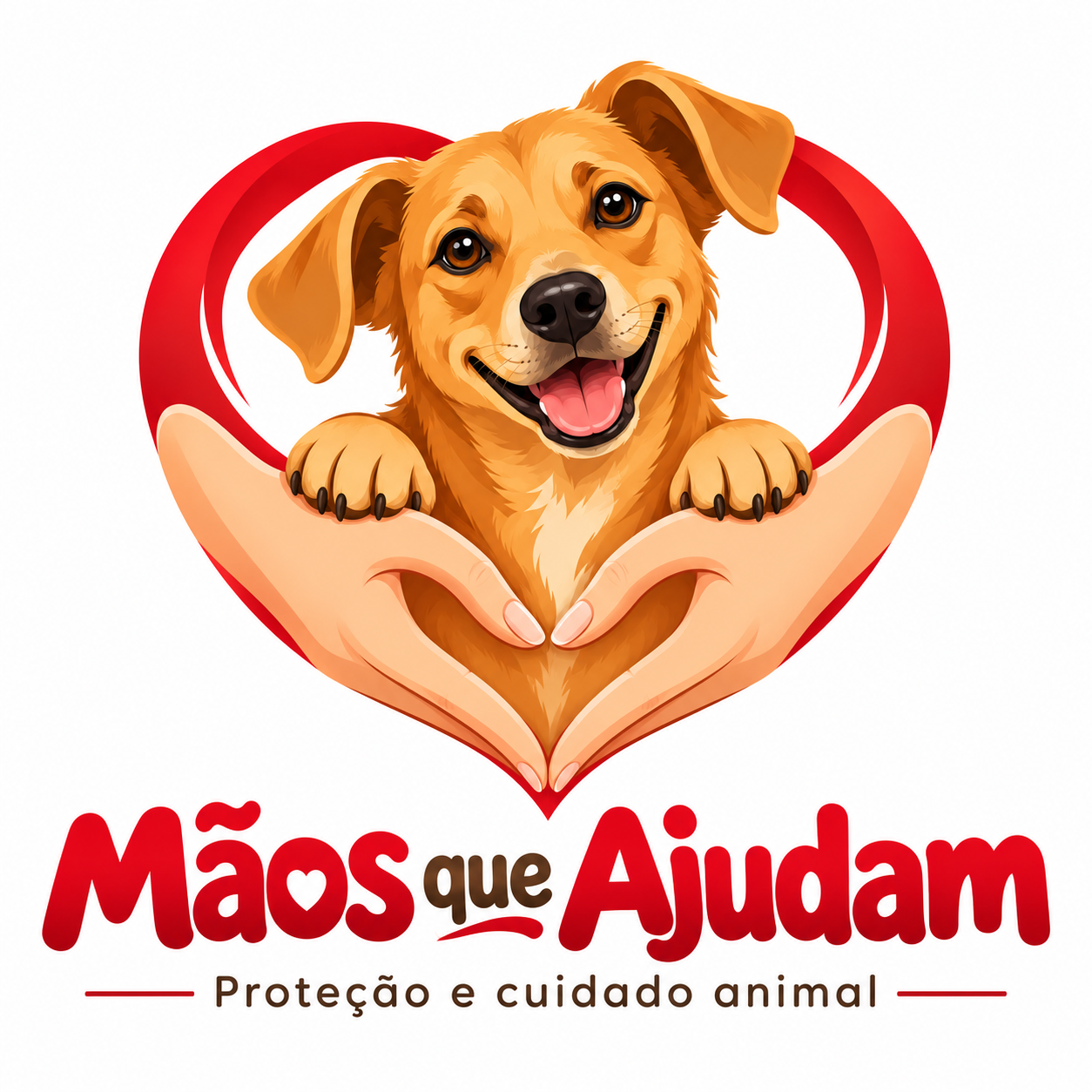 Marca Mãos que Ajudam, com cachorro caramelo em um coração formado por mãos